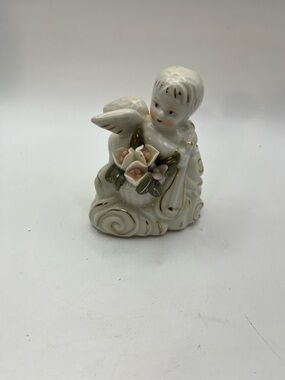 Porcelain Angel Figurine with Pink Roses and Gold Trim